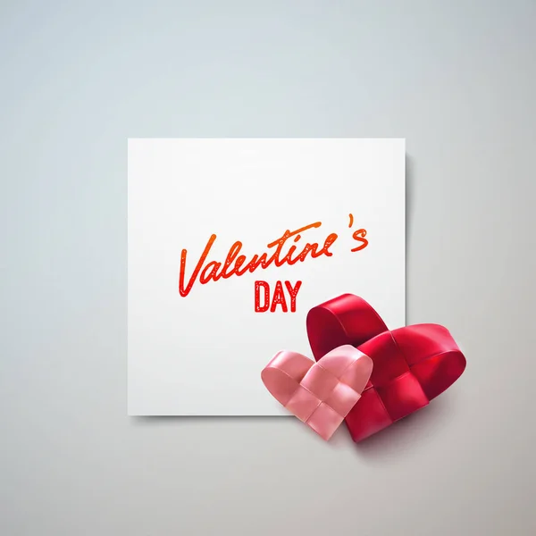 Día San Valentín Pareja Corazones Rojos Rosados Tejidos Hechos Cinta — Vector de stock