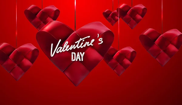 Rote Hängende Geflochtene Herzen Valentinstag Banner Mit Seidenband Herzformen Vektor — Stockvektor