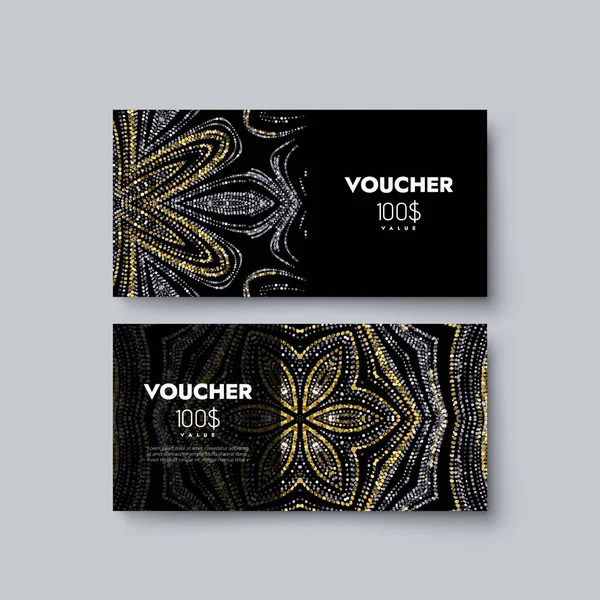 Gift Voucher Design Template Vector Illustration Black Coupon Silver Gold — Stock Vector