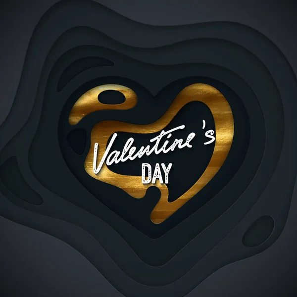 Valentijnsdag Cover Ontwerp Zwart Papier Gesneden Hartvorm Getextureerd Met Gouden — Stockvector