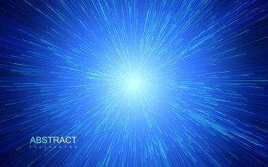 Doğrusal parçacıklarla parlak radyal patlama. Vektör absrtact çizimi. Patlamalı mavi arka plan. Parlak ışık ışınları. Parlayan kirişler