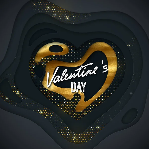 Valentines Day Cover Design Black Paper Cut Heart Shape Textured — Stock Vector