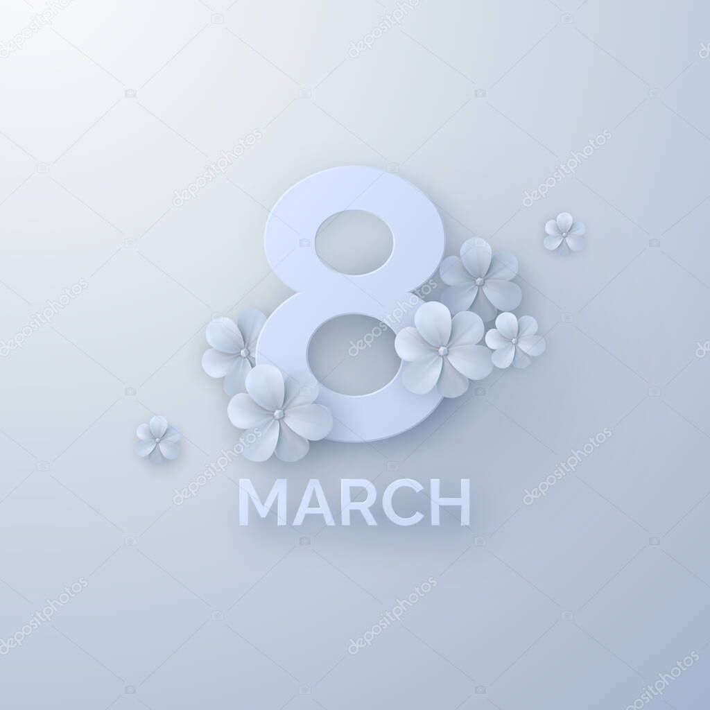 March 8 sign with 3d paper blossoming flowers. International Womens Day. Vector paper cut illustration. Holiday banner. Realistic festive decoration element for design. Feminism concept