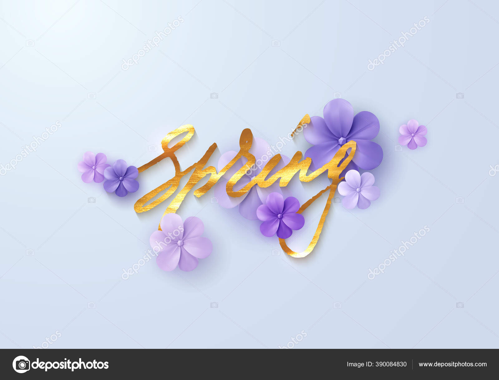 季節のカバーデザイン 金色の手書き文字と紫色の紙の花とベクトルの花のイラスト ポスターやバナーデザインのためのヴィンテージ装飾 ストックベクター  ©maximmmmum 390084830, image size:1600x1220