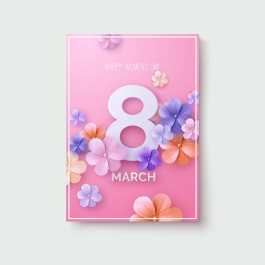 Uluslararası Kadınlar Günü. 8 Mart. Vektör tatil posteri. Kağıt kesiği illüstrasyon. Bahar dekorasyonu. Kağıt çiçekli şenlik afişi. Feminizm kavramı