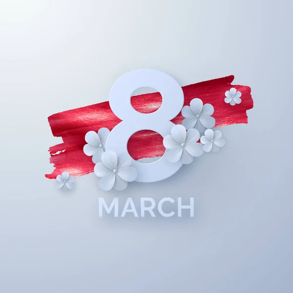 3月8日国際女性デー ベクター春休みイラスト ゴールデンペイントの背景に白い花と紙の切り抜き番号8 折り紙スタイルのバナー フェミニズムの概念 — ストックベクタ