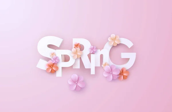 Lente Vector Realistische Illustratie Papier Gesneden Veer Banner Afgeknipte Letters — Stockvector