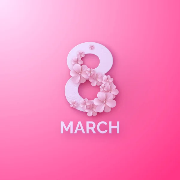 3月8日の休日カバーやポストカードデザイン 国際女性デー ベクター春イラスト 紙切りバナー ピンクの背景に紙の花と切り抜きの文字 折り紙形式のポスター — ストックベクタ