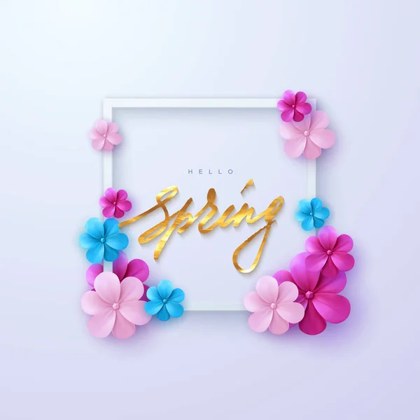 Hola Spring Diseño Cubierta Estacional Ilustración Floral Vectorial Letras Doradas — Archivo Imágenes Vectoriales