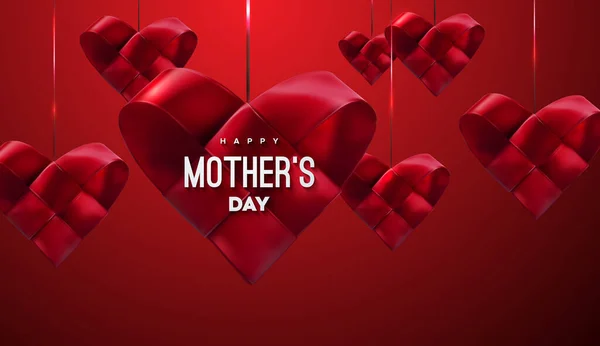 幸せな母の日 ベクターのお祝いイラスト 赤い織りリボンの心の形 ママを愛してる 絞首刑の心を持つ休日の現実的なバナー 装飾要素 販売又は特別オファーのサインデザイン — ストックベクタ