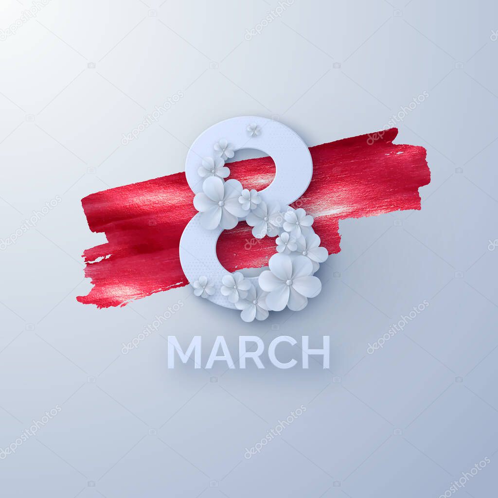 March 8. International Women Day. Vector spring holiday illustration. Paper cutout number eight with white flower garland on red paint background. Origami style banner. Feminism concept.