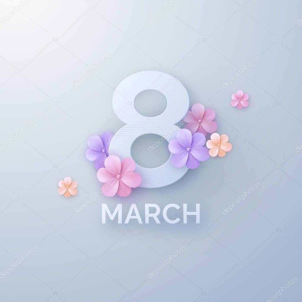 March 8. International Women Day. Vector spring holiday illustration. Paper cutout number eight with colorful flowers. Papercut style banner. Feminism concept. Floral decoration