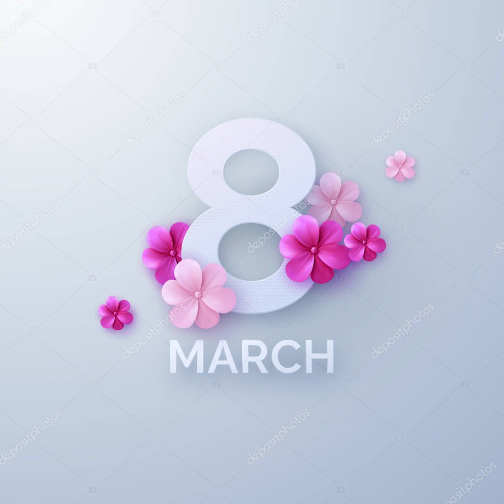8 of March. International Womens Day. Vector paper cut illustration with pink paper flowers. Holiday origami style banner. Realistic festive decoration element for design. Feminism concept