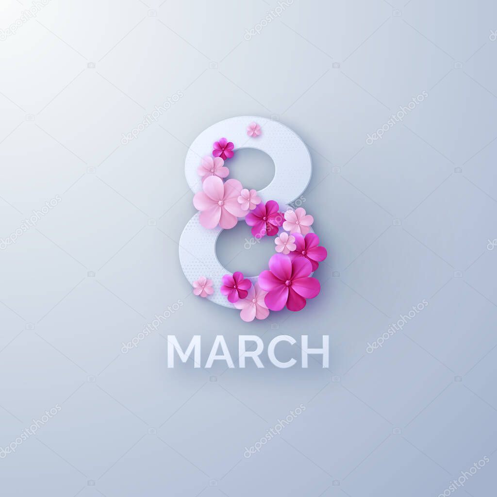 March 8 sign with 3d paper blossoming flowers. International Womens Day. Vector colorful paper cut illustration. Holiday banner. Realistic festive decoration element for design. Feminism concept