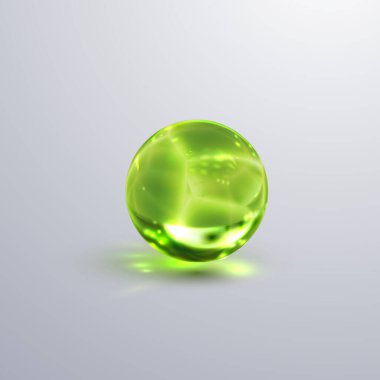 Parlak çatlak kristal küre. Vektör çizimi. Kabartma efektli parlak şeffaf kırık top. Gemstone veya yeşil cam baloncuk.