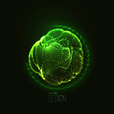 Neon parlayan soyut nesne. Organik küresel 3D şeklin vektör fütüristik çizimi. Eczane ya da mikrobiyoloji konsepti. Yeşil hücre. Nükleer enerji. Teknoloji geçmişi