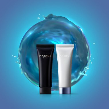 Kozmetik ürün reklam afişi. Vektör gerçekçi 3D çizim. Krem, nemlendirici losyon ya da duş jeli paketleme modeli. Deniz suyu girdablı krema tüpü. Spa derisi kozmetik ürünleri.