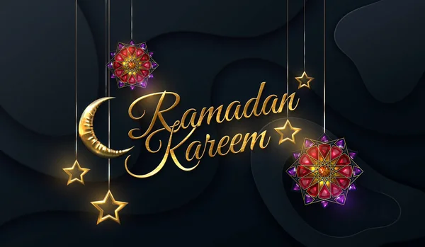 Ramadan Kareem Vector Islamic Illustration Crescent Golden Moon Hanging Stars — Stock Vector