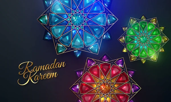 Ramadan Kareem Flores Girih Abstratas Incrustadas Com Cristais Turquesa Esmeralda — Vetor de Stock