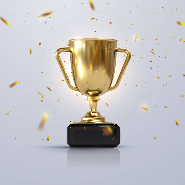 Golden champion cup isolated on white background. Vector realistic 3d illustration. Championship trophy with glittering confetti particles. Sport tournament award. Victory concept