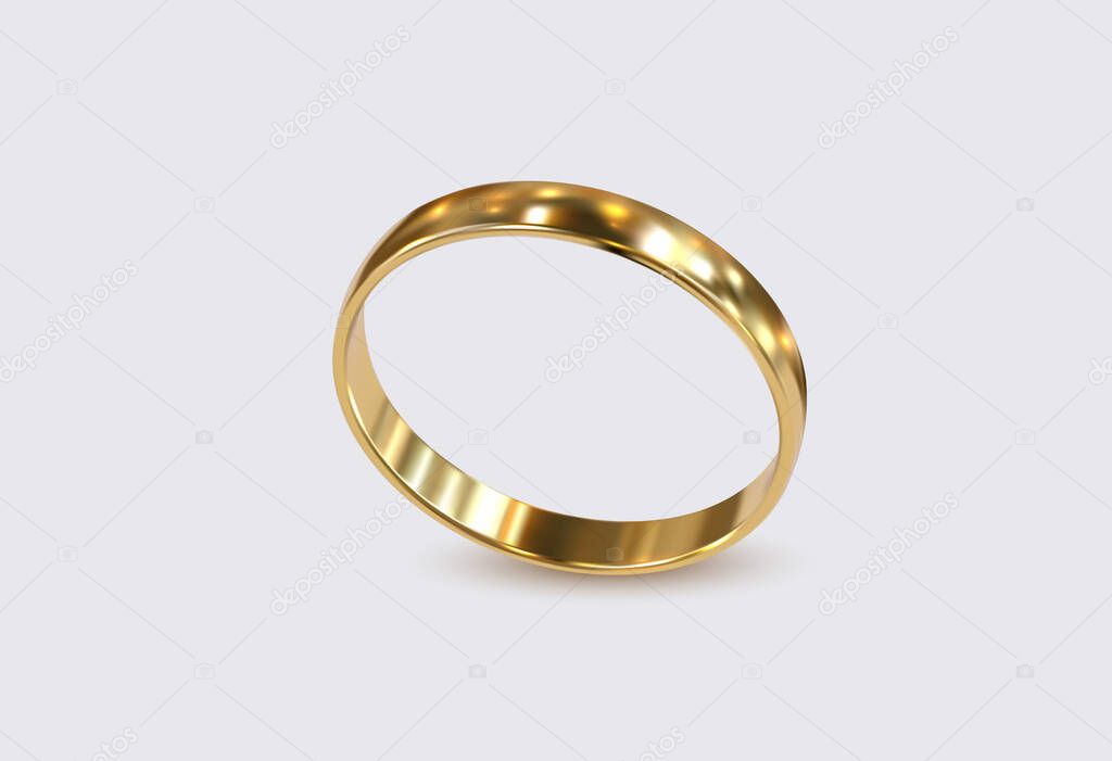 Luxury golden ring isolated on white background. Vector realistic illustration. 3d jewelry object. Wedding or proposal concept.