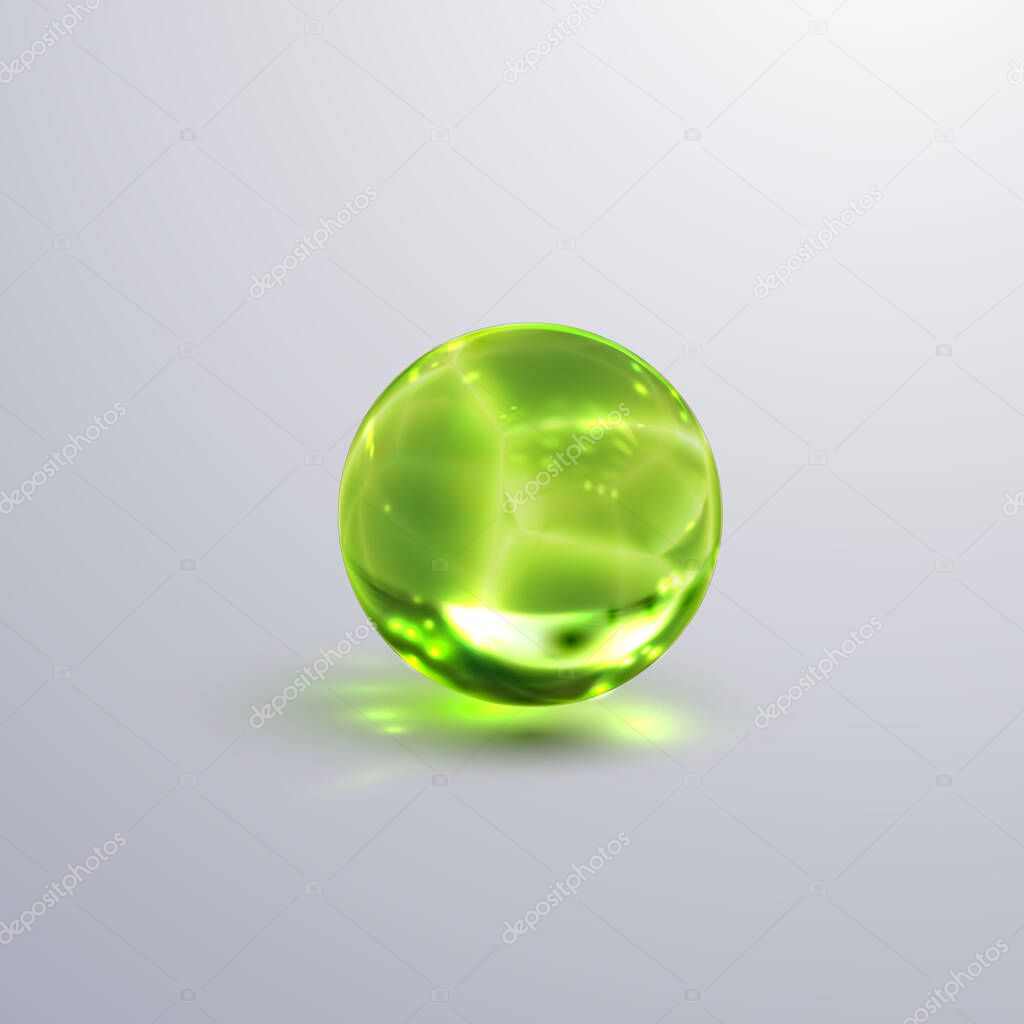 Glossy cracked crystal sphere. Vector illustration. Glossy transparent fractured ball with caustics effect. Gemstone or green glass bubble.