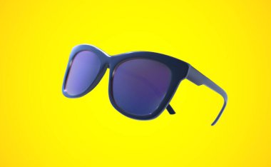 Sarı arka planda izole edilmiş güneş gözlükleri. Vektör gerçekçi 3D çizim. Moda aksesuar tasarımı. Yaz gözlüğü konsepti