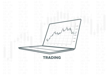 Eski ticaret grafiği. Vektör finansal teknoloji çizimi. Yatırım stratejileri ya da çevrimiçi platform ticareti kavramı. Şamdan çizelgesi olan dizüstü bilgisayar cihazı. Borsa göstergeleri.