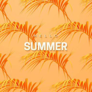 Merhaba Summer. Tropik çiçekli arka plan. Tropik palmiye yapraklı, soyut turuncu dokular. Vektör botanik çizimi. Orman veya yağmur ormanı kapağı tasarımı