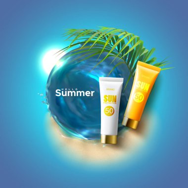 Güneş koruma kozmetik ambalaj reklam afişi. Vücut losyonu ya da ultraviyole korumalı krem, deniz suyu girdabı, kumlu plaj arka planında palmiye yaprakları. Vektör yaz çizimi. Kozmetik model tasarımı.