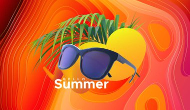 Merhaba Summer. Vektör yaz çizimi. Gerçekçi 3D güneş gözlüğü, palmiye yaprağı ve dalgalı arka planda sıvı renk değişimi. Mevsimlik poster. Moda göz giysisi aksesuar tasarımı.