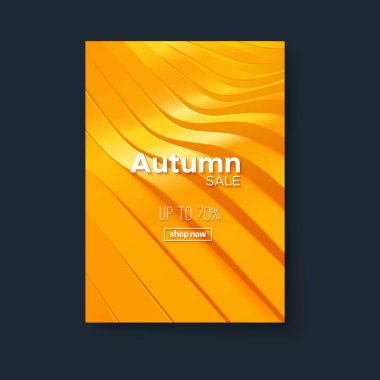 Sonbahar indirimli afiş tasarımı. Promosyon reklam posterinin 3 boyutlu illüstrasyonu. Turuncu geometrik dalgalı şekilli soyut modern arka plan. Dinamik kılıf. Toptan mı indirimli mi?.