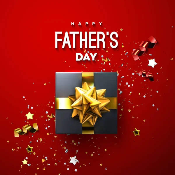 幸せな父の日 ベクトルホリデーイラスト ギフトボックス 黄金のリボンと弓 コンフェッティ粒子と星を持つ抽象的な赤の背景 祭りのイベントの装飾 — ストックベクタ