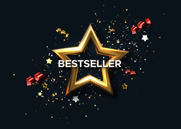 Tanda Penghargaan Bestseller Vektor Ilustrasi Bintang Emas Dengan Confetti Tinsel - Stok Vektor