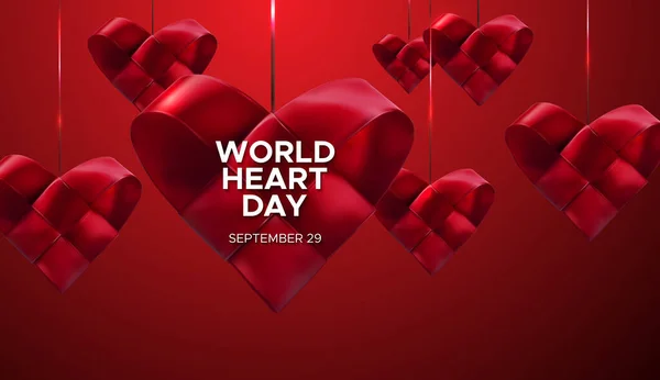 World Heart Day Реалістична Атласна Стрічка Плете Серце Етикеткою Всесвітнього — стоковий вектор