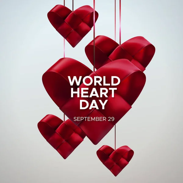 Realisztikus Szatén Szalag Felakasztott Szívekkel World Heart Day Címkével Vektor — Stock Vector