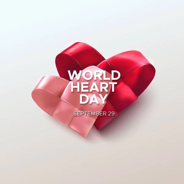 Realistic Satin Ribbon Woven Hearts World Heart Day Text Label — Stock Vector