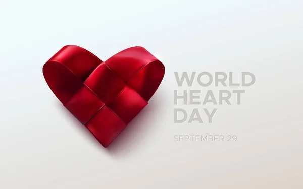Realistiskt Satinband Vävt Hjärta Med World Heart Day Textetikett Vektor — Stock vektor