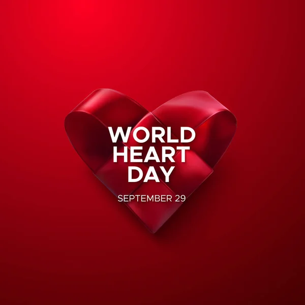 Realistic Satin Ribbon Woven Heart World Heart Day Text Label — Stock Vector