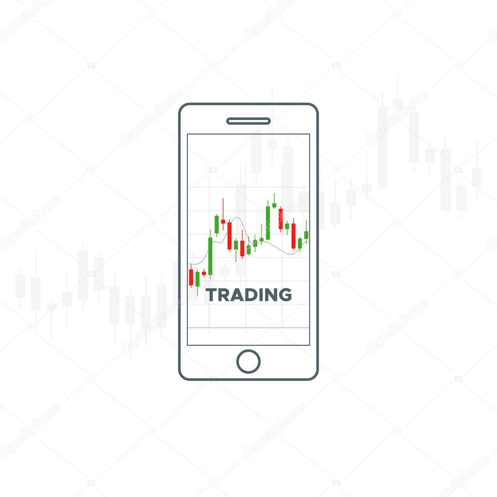 Mobile device with finance japanese candlestick chart. Vector abstract flat illustration. Financial market data. Cross platform forex trading concept. Stock exchange symbol. Phone app sign