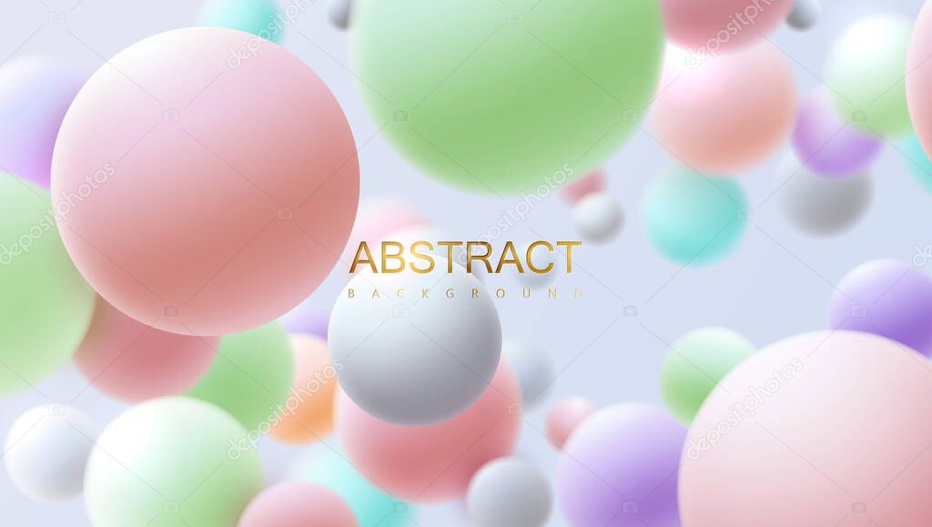 Flowing multicolored spheres. Vector realistic illustration. Abstract background with 3d geometric shapes. Modern cover design. Ads banner or brochure template. Trendy dynamic wallpaper