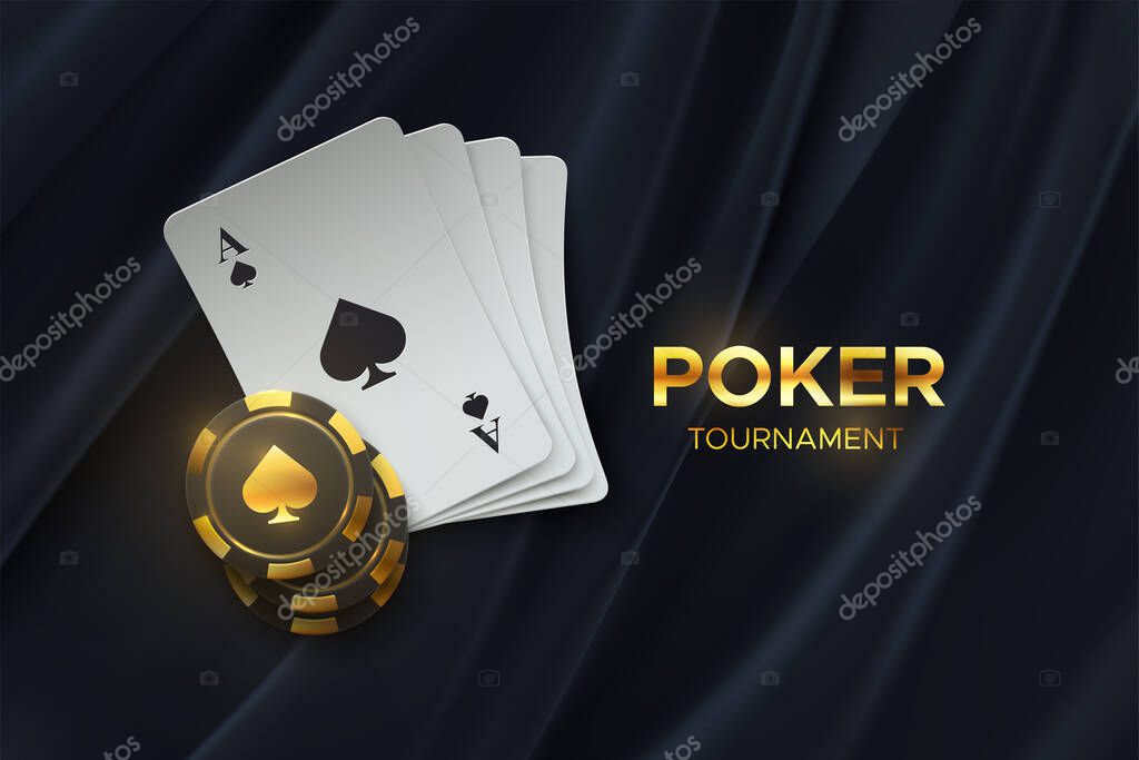 Poker tournament. Vector illustration. Four playing cards with gambling chips on black fabric background. Casino banner concept