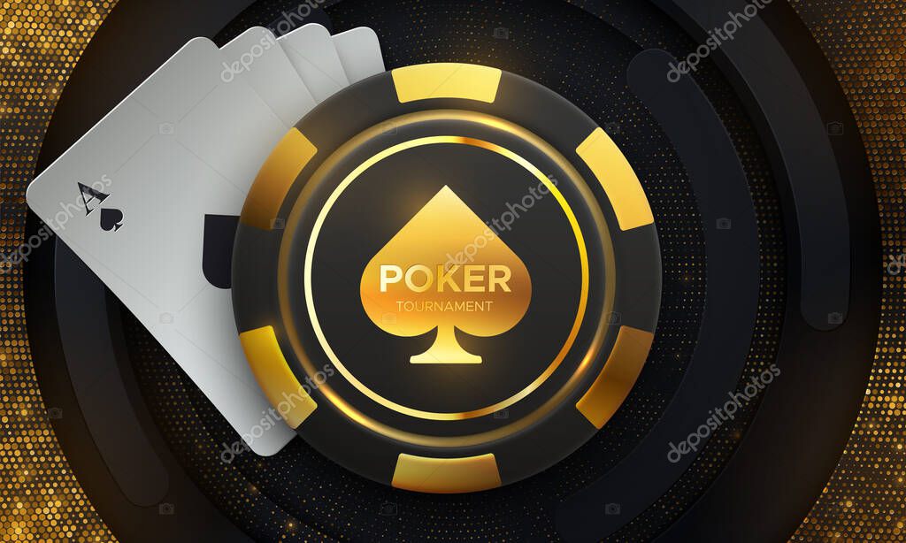 Poker tournament. Vector illustration. Four playing cards with gambling chips on black background with shimmering glitters. Casino banner concept.