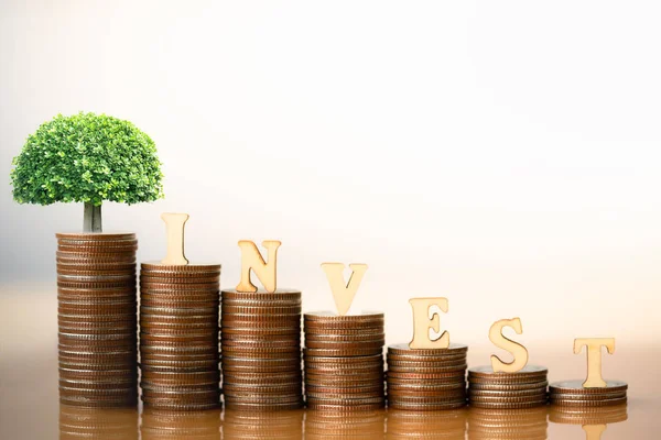 Small plant tree and Wooden Blocks with the text INVEST on coins stack. Retirement planning. money saving. Investment concept. retirement communities. Business finance.