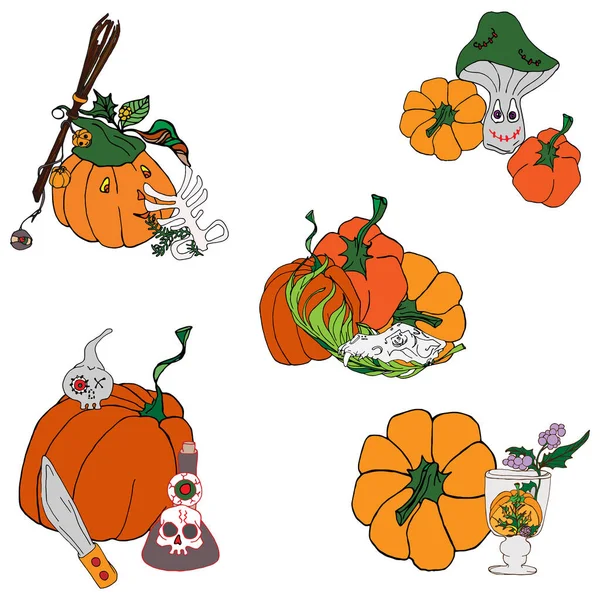 Illustration Vectorielle Pour Halloween Fête Des Sorcières Citrouille Tombe Squelettes — Image vectorielle