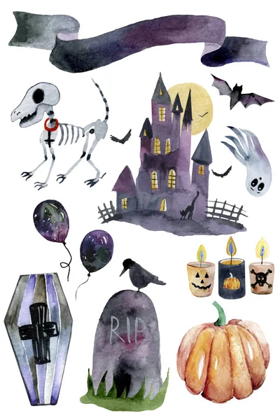 Sada Ručně Kreslovaných Prvků Vybarvené Akvarel Hezké Ilustatio Halloween Vodní — Stock fotografie
