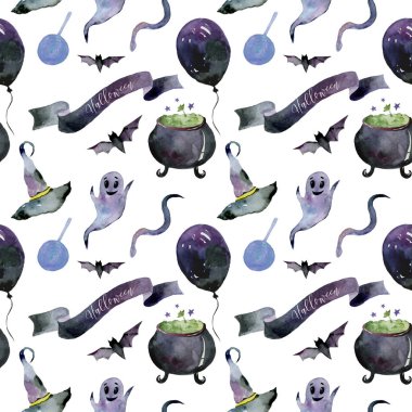 Suluboya boyalı elle çizilmiş elemanları kümesi. Cadılar Bayramı için sevimli resimler. Suluboya cadılar bayramı koleksiyonu. Sanatsal sonbahar yapıcı küçük resim. balon, leylak, cadı, yılan, mum, Hayalet, Lolipop, turuncu, çizgili şapka, şapka 