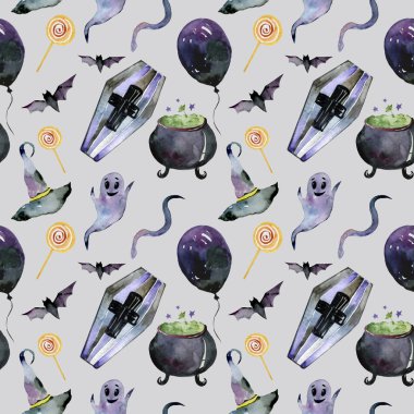 Suluboya boyalı elle çizilmiş elemanları kümesi. Cadılar Bayramı için sevimli resimler. Suluboya cadılar bayramı koleksiyonu. Sanatsal sonbahar yapıcı küçük resim. balon, leylak, cadı, yılan, mum, Hayalet, Lolipop, turuncu, çizgili şapka, şapka 