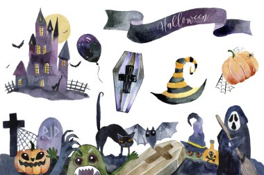 Suluboya boyalı elle çizilmiş elemanları kümesi. Cadılar Bayramı için sevimli resimler. Suluboya cadılar bayramı koleksiyonu. Sanatsal sonbahar yapıcı küçük resim. 