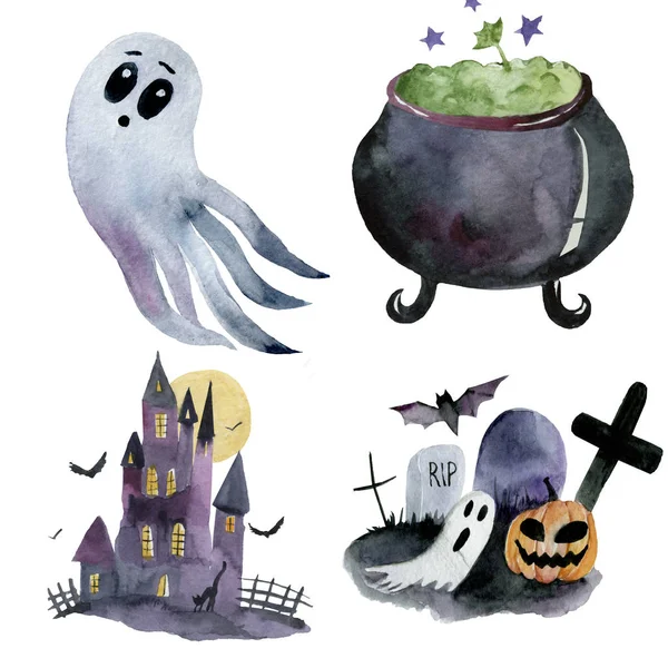 Satz Von Handgezeichneten Elementen Aquarell Gemalt Niedliche Illustrationen Für Halloween — Stockfoto